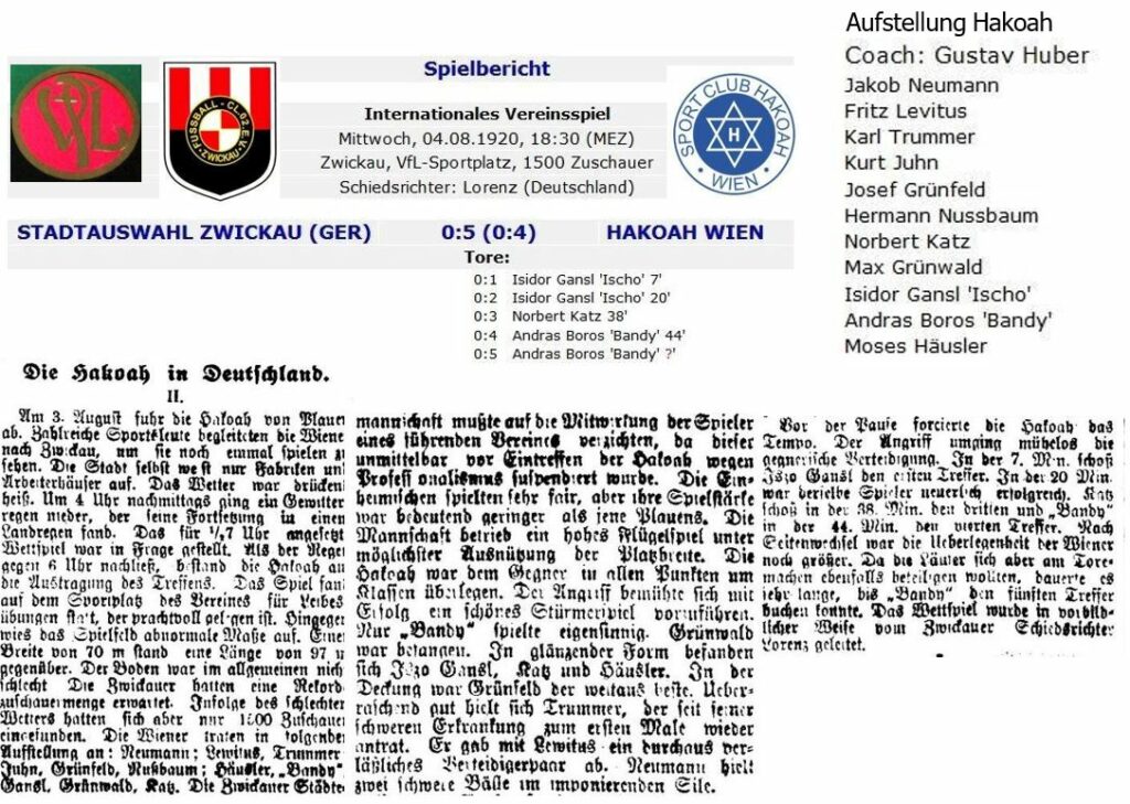 Spielbericht  Sportclub Hakoah Wien gegen Zwickau